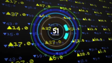 Animation-of-countdown-over-neon-round-scanner-and-stock-market-data-processing-on-black-background