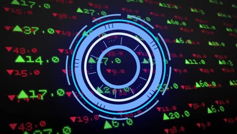 Animation-of-neon-round-scanner-over-stock-market-data-processing-against-black-background