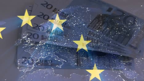 Animation-of-flag-of-european-union,-euros-and-financial-data-processing