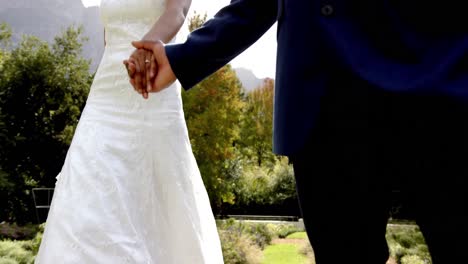 Happy-african-american-couple-walking-holding-hands-at-their-wedding-in-sunny-garden,-slow-motion