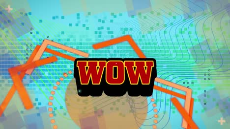 Animation-Von-Wow-Text-über-Neonformen-Auf-Grünem-Hintergrund