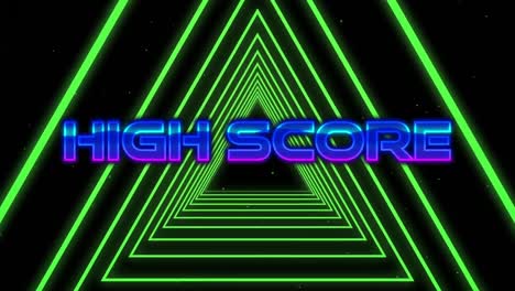 Animation-of-high-score-text-over-neon-triangles-on-black-background