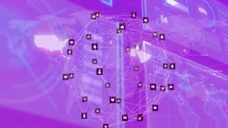 Animation-of-globe-with-connections-and-data-processing-over-purple-background