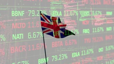 Animation-of-stock-market-data-processing-over-waving-uk-flag-against-grey-background