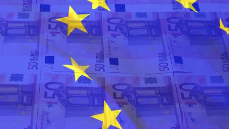 Animation-of-waving-eu-flag-against-close-up-of-euro-bills-in-seamless-pattern