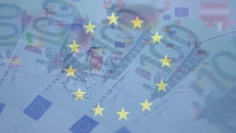 Animation-Von-Sich-Drehenden-Sternen-Der-EU-Flagge-Und-Miniaturen-Der-Flaggen-Europäischer-Länder-Vor-Euro-Scheinen