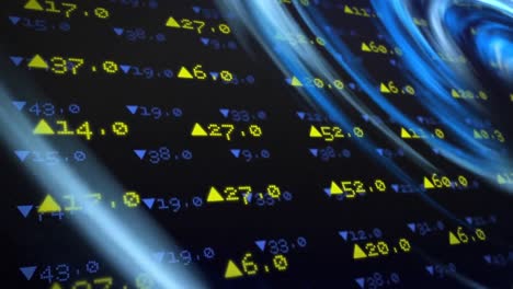 Animation-of-blue-light-trails-spinning-against-stock-market-data-processing