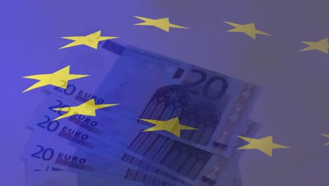 Animation-Des-Schwenkens-Der-EU-Flagge-Gegen-Euro-Scheine-Auf-Einer-Weißen-Oberfläche