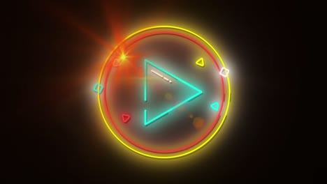 Animation-of-social-media-neon-play-button-and-shapes