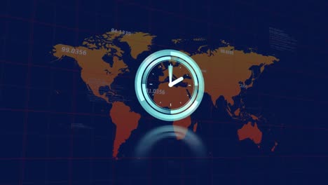 Animation-of-neon-ticking-clock,-data-processing-and-world-map-against-blue-background