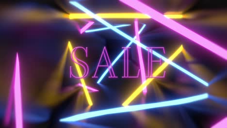 Animation-of-sale-text-over-neon-shapes-on-dark-background