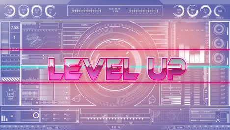 Animation-of-level-up-over-neon-shapes-and-data-processing