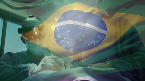 Animation-of-flag-of-brazil-over-diverse-surgeons-with-face-masks