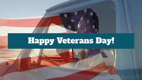 Animation-of-veterans-day-text-over-flag-of-united-states-of-america-and-biracial-woman-in-car