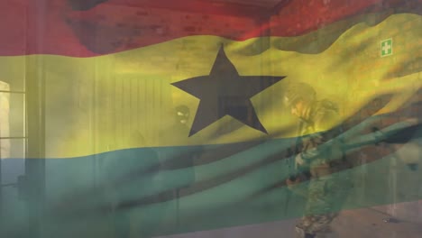 Animation-Der-Flagge-Ghanas-über-Verschiedenen-Soldaten