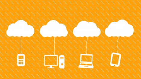 Animation-of-electronic-devices-and-white-clouds-on-orange-background