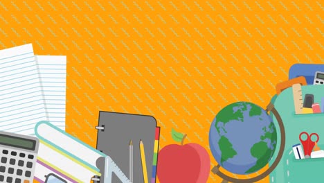 Animation-of-school-icons-and-copy-space-on-orange-background