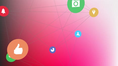 Animation-of-network-of-connections-with-icons-over-pink-background