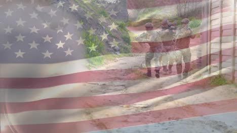 Animation-of-flag-of-usa-over-diverse-soldiers