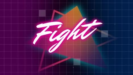 Animation-of-fight-text-over-neon-shapes-over-grid-on-dark-background