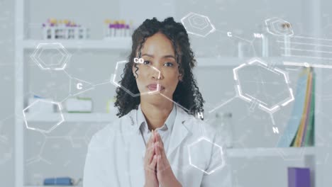 Animation-of-chemical-structures-and-data-processing-over-biracial-female-doctor-having-video-call