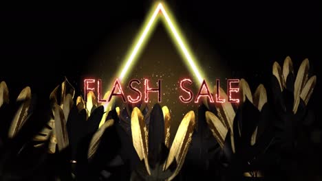 Animation-of-flash-sale-text-and-neon-triangle-over-leaves-on-black-background