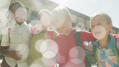 Animation-of-bokeh-lights-over-happy-diverse-schoolboys-walking-together-outside-school