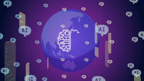Animation-of-ai-chat-and-data-processing-over-globe-on-purple-background