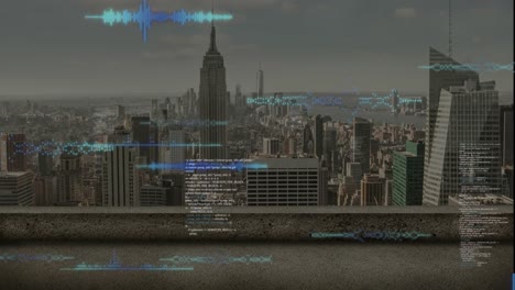 Animation-of-data-processing-against-aerial-view-of-tall-buildings