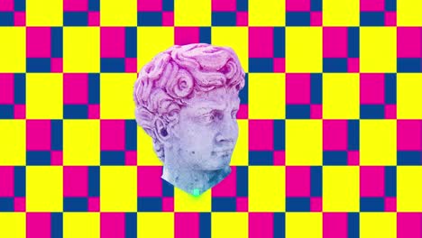 Animation-of-head-sculpture-pixelating-on-square-pattern-background