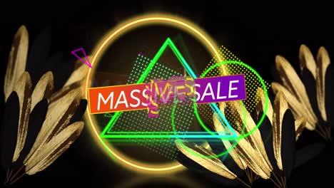 Animation-of-massive-sale-text-and-neon-shapes-over-leaves-on-black-background