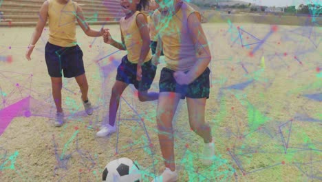 Animation-of-networks-over-happy-diverse-schoolgirls-playing-football-in-sports-field