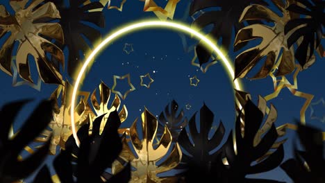 Animation-Von-Sternen-Und-Neonkreisen-über-Blättern-Auf-Blauem-Hintergrund