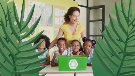 Animation-Von-Blättern-über-Glücklichen,-Vielfältigen-Lehrerinnen-Und-Schülern-Mit-Recyclingbox-Im-Klassenzimmer