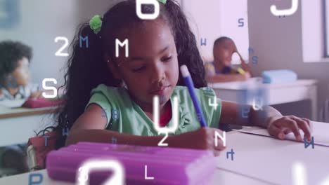 Animation-of-letters-and-numbers-over-biracial-schoolgirl-concentrating-writing-at-desk-in-class