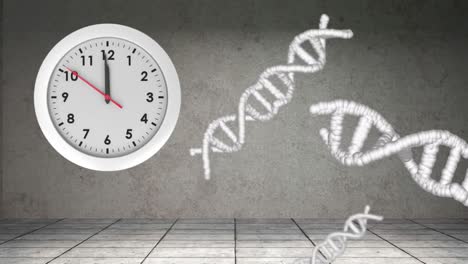 Animation-of-clock-moving-over-dna-strands-on-gray-background