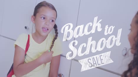 Animation-of-back-to-school-sale-text-over-happy-diverse-schoolgirls-talking-by-lockers