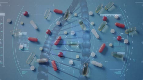 Animation-of-data-processing-and-dna-strand-over-pills