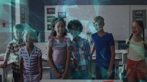 Animation-of-networks-moving-over-happy-diverse-schoolchildren-standing-in-classroom