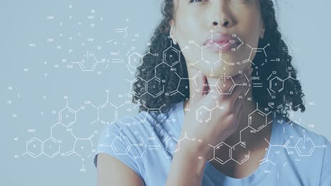Animation-of-chemical-structures-over-biracial-woman-thinking