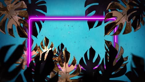 Animation-Von-Kopierraum-Und-Neonrahmen-über-Blättern-Auf-Blauem-Hintergrund