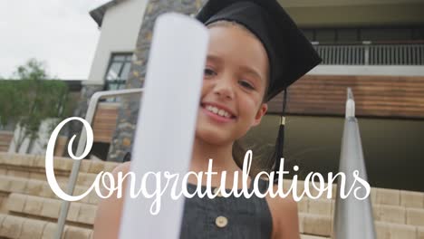Animation-of-congratulations-text-over-happy-biracial-schoolgirl-in-mortar-board-with-diploma