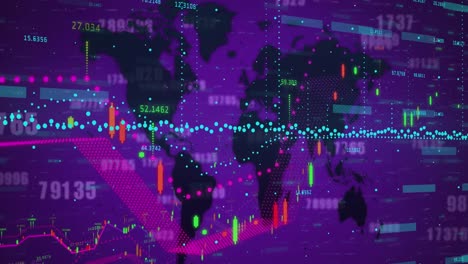 Animation-Der-Finanzdatenverarbeitung-über-Der-Weltkarte-Auf-Violettem-Hintergrund