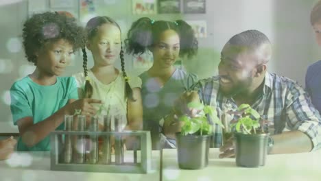 Animation-of-bokeh-lights-and-nature-over-happy-african-american-male-teacher-pupils-in-class