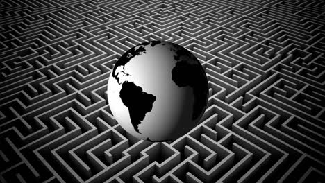 Animation-of-spinning-globe-over-maze-pattern-on-grey-background