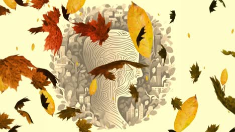 Animation-of-autumn-leaves-falling-over-human-head