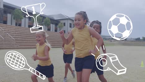 Animation-Von-Sportikonen-über-Glückliche,-Vielfältige-Schulmädchen,-Die-Auf-Dem-Sportplatz-Fußball-Spielen