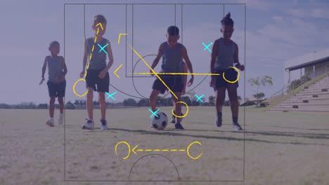 Animation-of-game-tactics-over-happy-diverse-schoolboys-playing-football-on-sports-field
