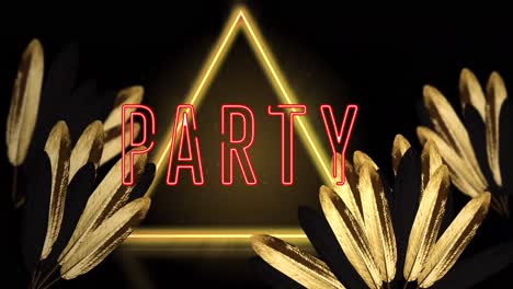 Animation-of-party-text-and-neon-triangle-over-leaves-on-black-background
