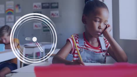 Animation-of-clock-over-bored-african-american-schoolgirl-working-at-desk-in-class